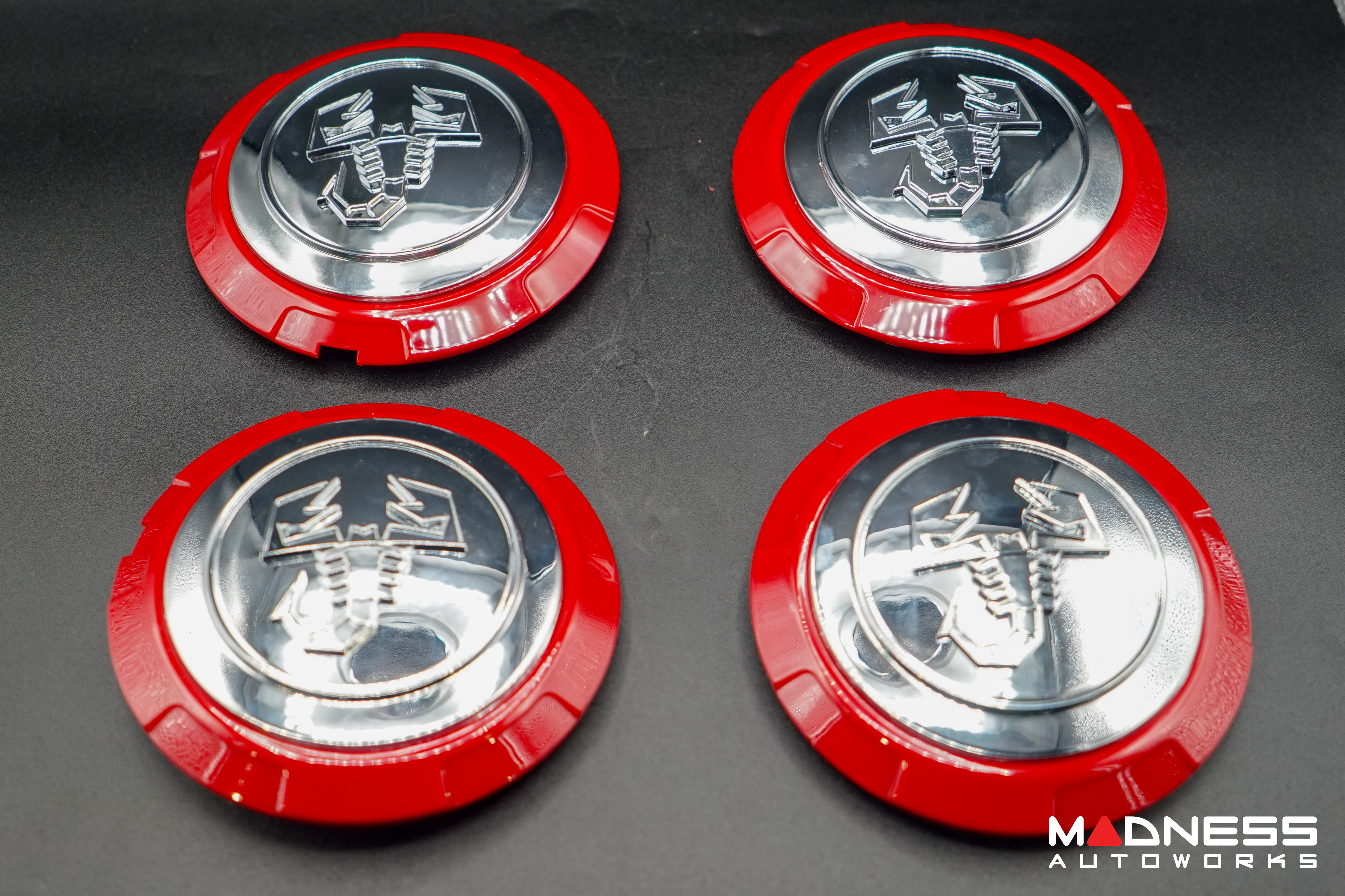 FIAT 500 Wheel Center Cap Set - set of 4 - Red/ Chrome - Scorpion Design 
